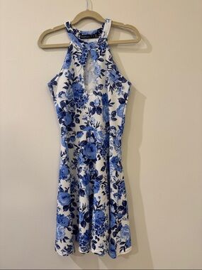Boohoo White and Blue Floral Halter Skater Dress